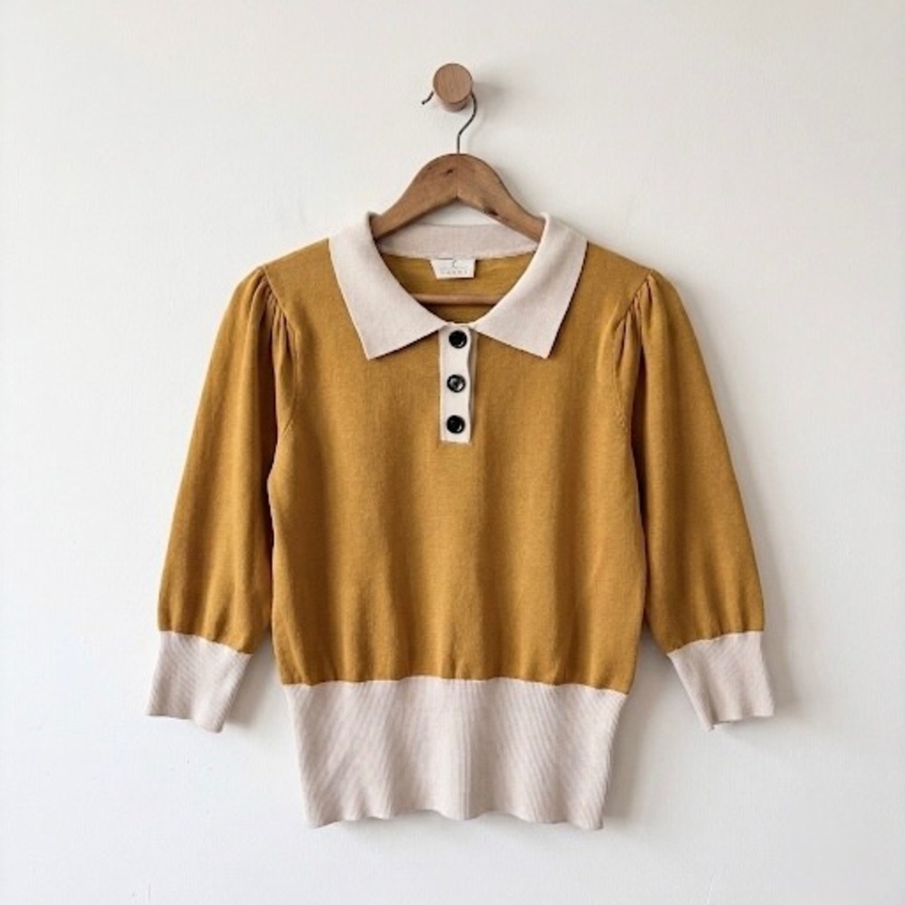 Ember Mustard Yellow Colorblock Polo Sweater Puff Sleeve Collared Top SWB4247 M